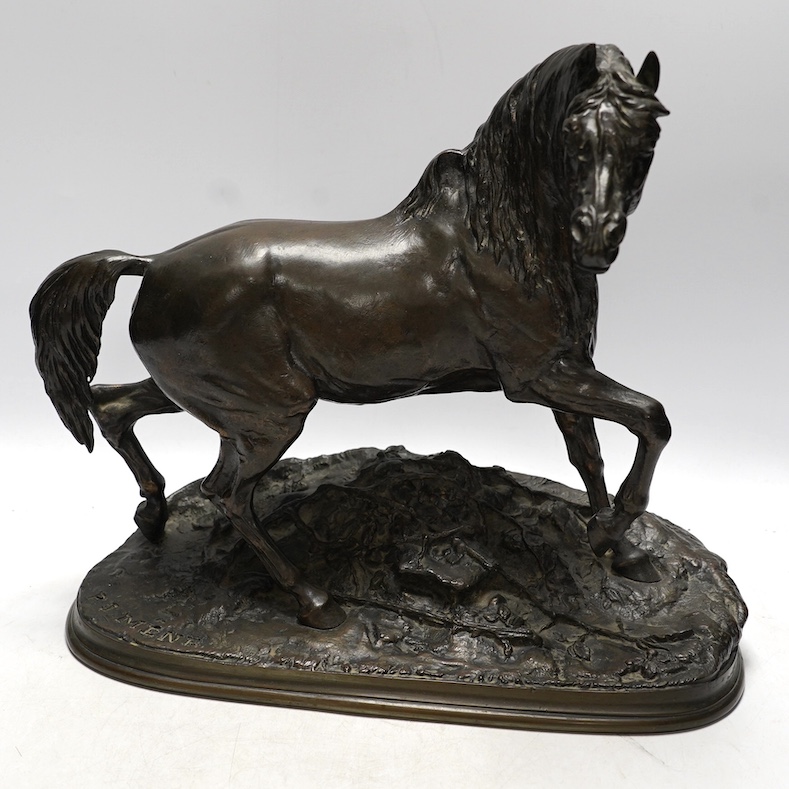 After Pierre Jules Mene (1810-1879), a bronze study of a galloping horse, signed, 35cm wide. Condition - good